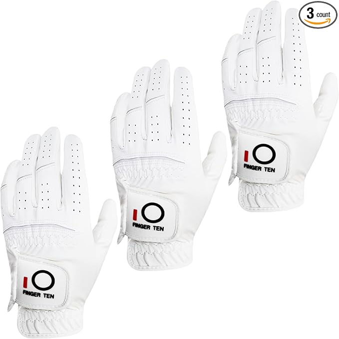 FINGER TEN All Weather Grip Golf Gloves Men Value 3 Pack for Right Handed Golfer, Hot Wet Rain Grip & Comfort Soft Glove for Premium Performance, Colors White Black Blue Sizes S M L XL