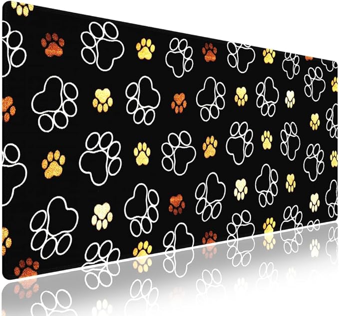 Wknoon. Extra Large Gaming & Office Mouse Pad (31.5" x 11.8") – Abstract Cute Dog Paw Prints Gold and White Design, Premium Anti-Slip XXL Desk Mat with Durable Stitched Edges