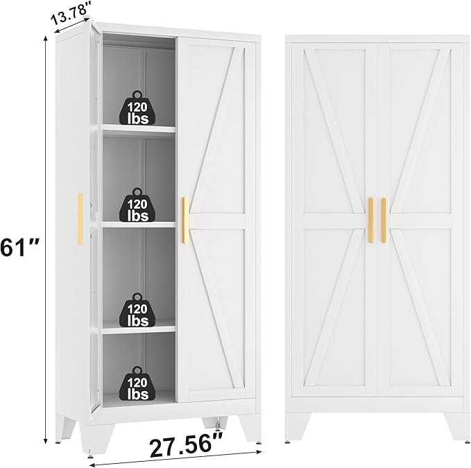 61H Metal Storage Cabinet with 2 Doors and Adjustable Shelves,Farmhouse Storage Cabinet with Barn Doors,Pantry Storage for Home,Office,Bathroom,Dining Room,Kitchen(White)