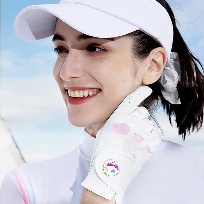 FINGER TEN Women’s Leather Golf Glove with Ball Marker Ladies Gloves Left Right Handed Golfer Extra Grip 1 Pack, Left Right Hand Pink Fit Woman Girl, Size Small Medium Large XL