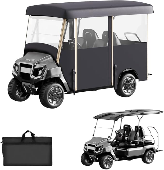 Golf Cart Cover Enclosure 4&6 Passenger, Golf Cart Cover for Yamaha Club Car EZGO, Waterproof 600D Oxford Rain Cover, Transparent Tail Light Panel, Foldable Door,4-Sided Clear Windows