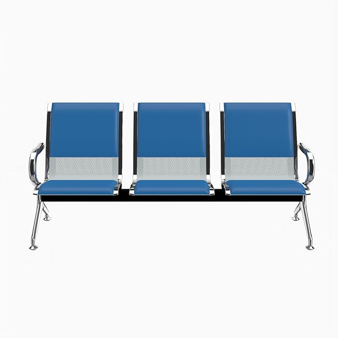 Kinfant 3-Seat PU Leather Waiting Room Bench – Blue Reception Chair for Office, Hospital, Bank, Salon, Airport