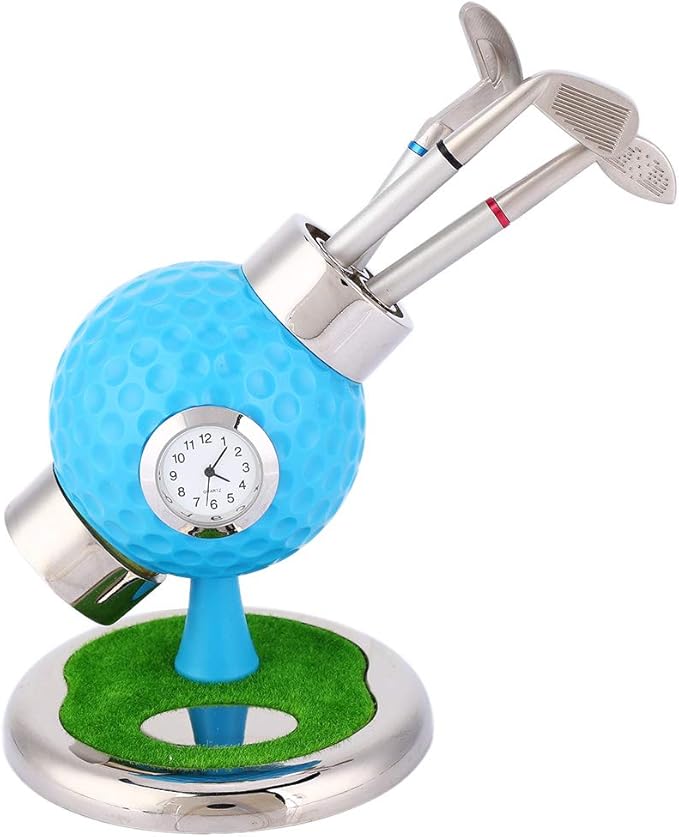 Golf Ball Shape Pen Holder, Desktop Pencil Vase with Clock, Zinc Alloy Pen Vase for Study Office Decor, Includes 3 Pens and Circular Base for Stability (Blue)