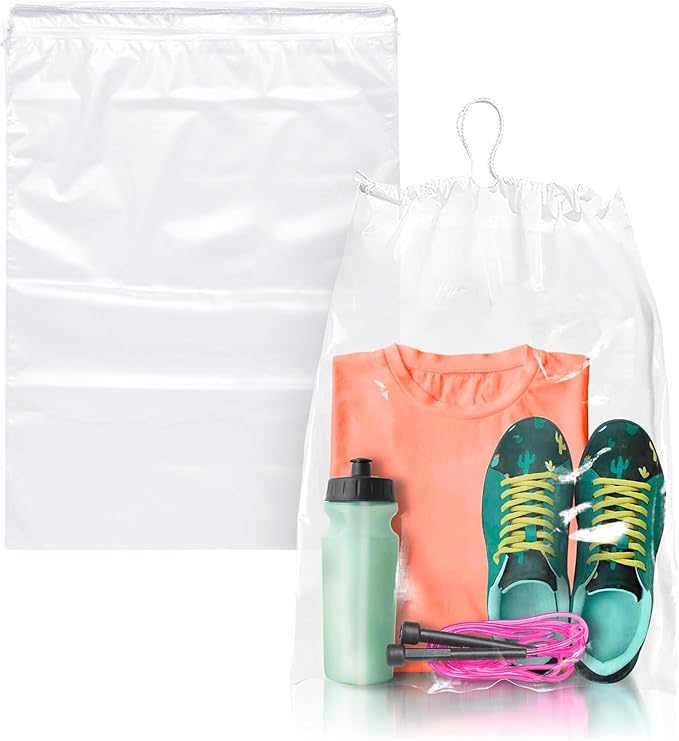 Clear Drawstring Travel Bag for Shoes. Waterproof Dust Bags for Shoes with Double Cotton Drawstrings. 2 mil PE Plastic Drawstring Bags for Packing, Storage