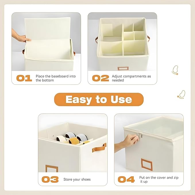 Atlodas Fabric Shoe Organizer Storage Box, 2 Pack Foldable Shoe Storage Organizer Box Bin with Adjustable Dividers and Clear Cover, Fits up to 8-16 Pairs (White)