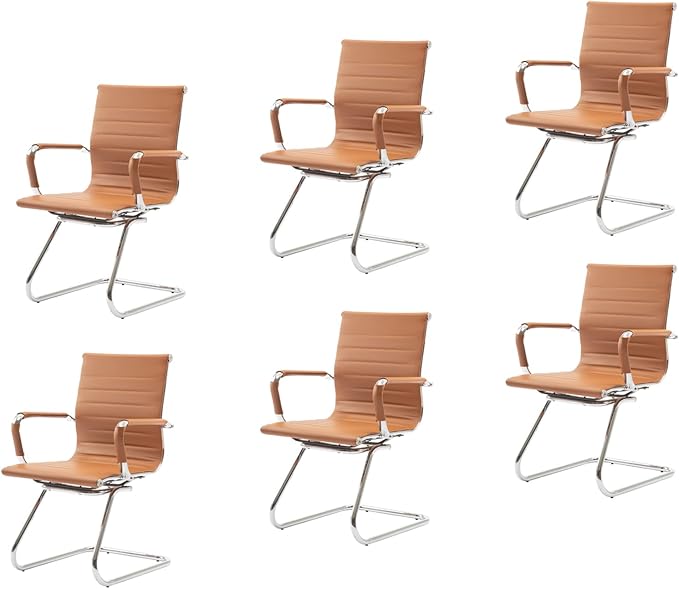 CIMOTA Waiting Room Chairs Leather Office Guest Chair Mid Back Reception Chairs with Sled Base for Meeting/Patient/Conference Room, Brownish Yellow Set of 6