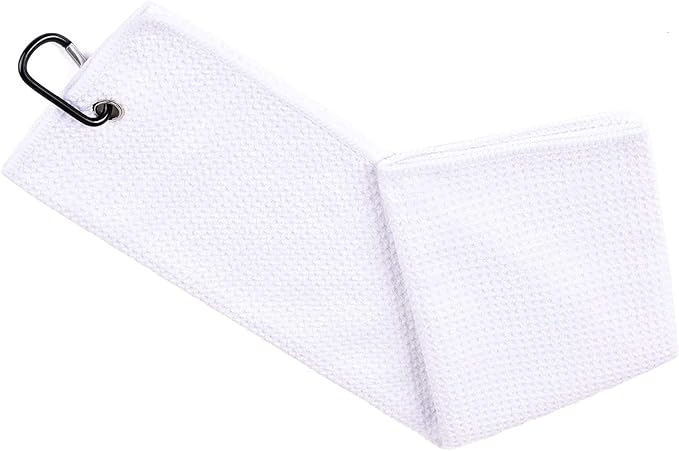 VIVIDLY 2 Pack 16" x 24" Tri-fold Golf Towels, Premium Microfiber Fabric Waffle Pattern with White Heavy Duty Carabiner Clip, Orange Golf Towels for Golf Bags for Men (White)