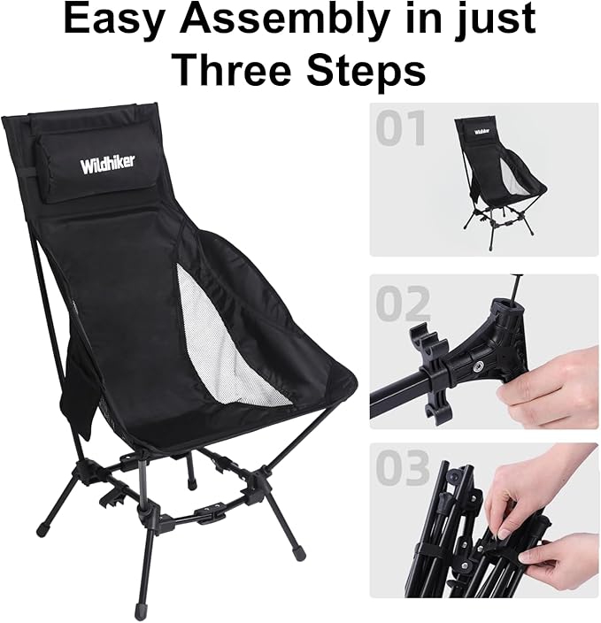 Wildhiker Portable High Back Folding Camping Chairs – Compact with Dual Sitting Modes, Pillow, Arm Pads and Side Pockets – Lightweight Chair for Motorcycle, RV, Festival, Travel – Black