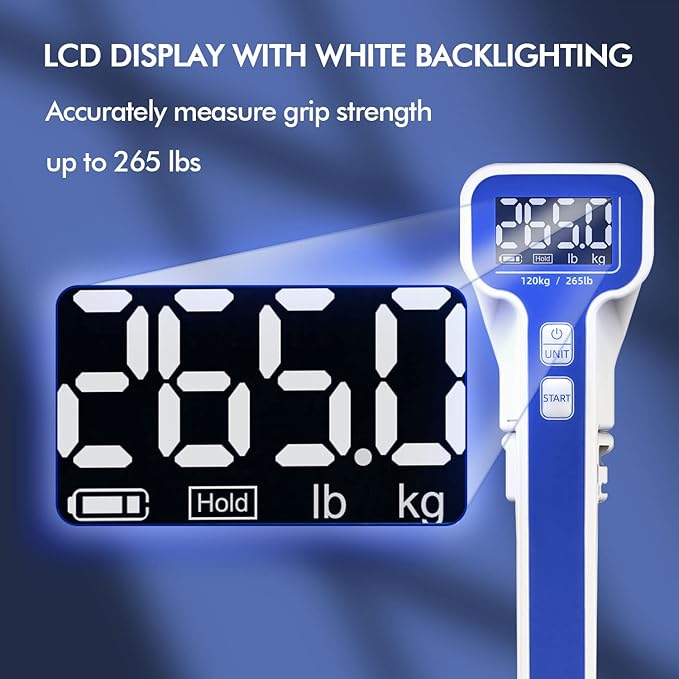 Grip Strength Tester 265lb/120kg, Digital Hand Dynamometer FDA Registered with Backlit LCD for Grip Strength Testing and Training