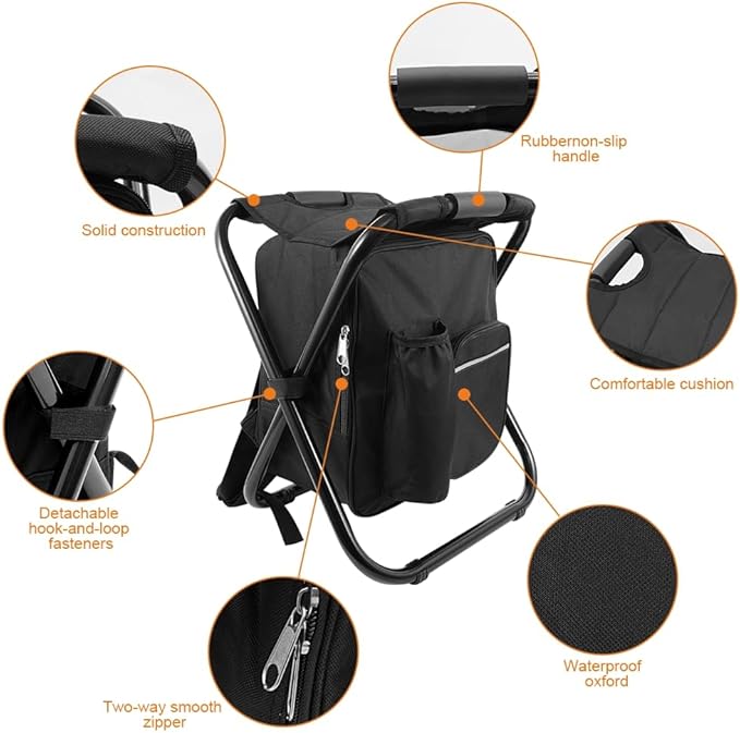 Portable Folding Backpack Stool with Cooler Compartment, Black