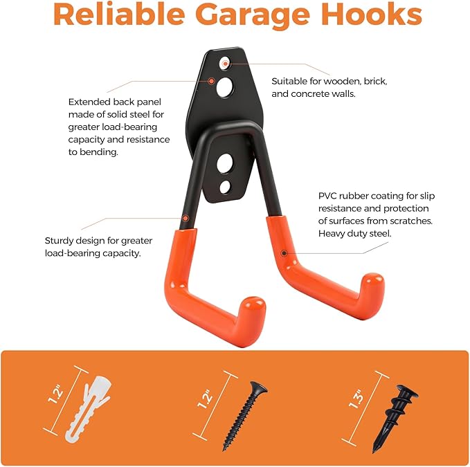 Garage Hooks Heavy Duty - 20 Pack Garage Wall Hangers with Anti-Slip Coating for Hanging Bikes Ladders Garden Tools Orange