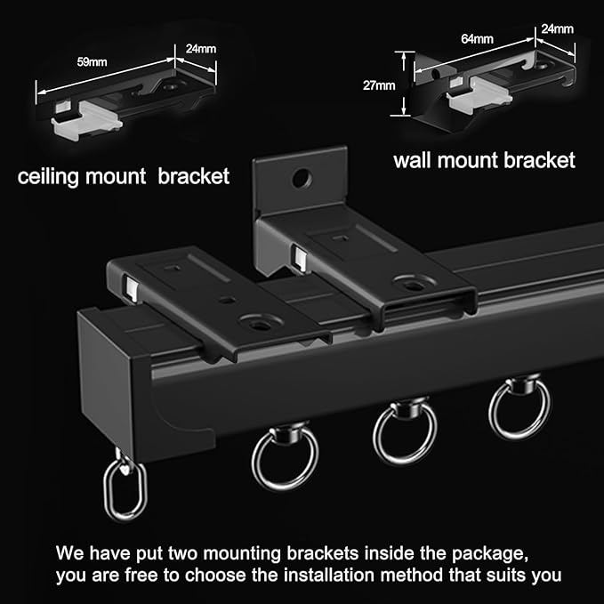 Aluminum Alloy Silent Curtain Tracks Ceiling Or Wall Mounted Curtain Rail Drapes Rail Room Dividers Sliding Curtain Rail (black, 4m)