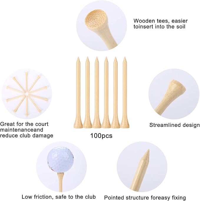 Golf Tees Durable Bamboo Tees 100Pcs 100Pcs 3-1/4" Friendly Biodegradable Material Reduce Friction Side Spin More Stable