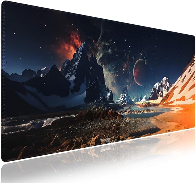 Wknoon. Extra Large Gaming & Office Mouse Pad (31.5" x 11.8") with Durable Stitched Edges – Alien Panorama Mystic Mountains & Cosmic Sky with Stars and Fiery Nebula, Anti-Slip Extended XXL Desk Mat