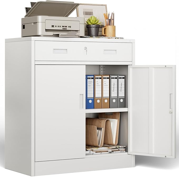 BESFUR Metal Storage Cabinet with Lockable Drawer and 2 Lockable Doors, 36"H White Metal Cabinet with Adjustable Shelf, Locking Storage Cabinet for Home Office, Garage,School, Warehouse, Utility Room