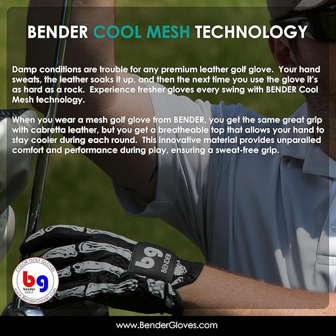 Bender Gloves - Men's Golf Glove, Durable Cabretta Leather Material, Unique Golf Gloves Men Right Handed Golfer (Wear On Left)