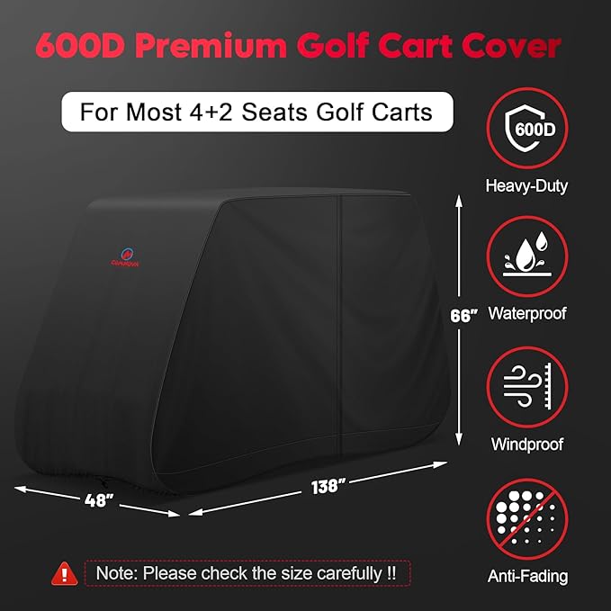 Comnova Golf Cart Cover 6 Passenger - 600D Waterproof Golf Carts Enclosure with Zipper, Windproof & UV Resistant, Outdoor Golf Cart Cover Universal Fit EZGO, Club Car, Yamaha up to 138"L x 48"W x 66"H