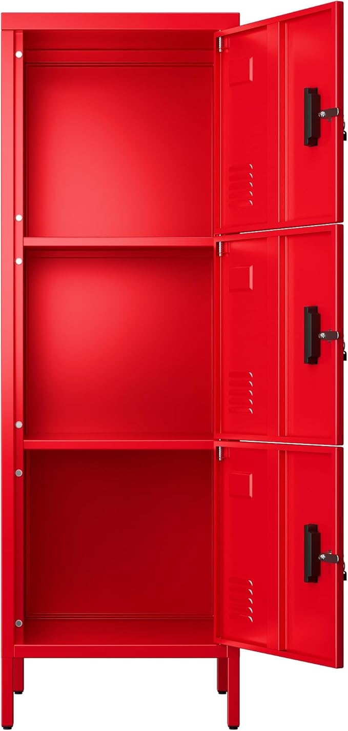 Aobabo 16" W 3 Door Metal Storage Locker with Lock, 47" H Steel Locker with Name Card Holder and Metal Leg for School, Home, Office, Playroom, Assembly Required, Red