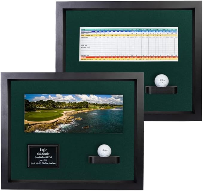 Golf Eagle, Double Eagle or Albatross Shadowbox Display Case | Personalized Engraved Plate | Holds Golf Ball and Scorecard or Photo | Horizontal Layout | Wall Mounted (Black)