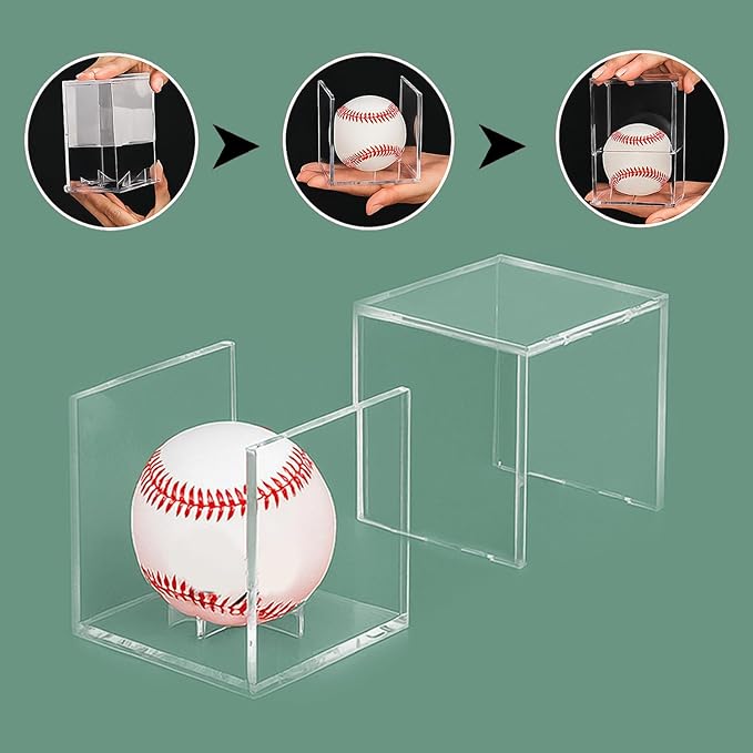 Custom Engraved Baseball Display Case - Personalized UV Protected Clear Acrylic Cube on Wooden Base with Metal Plate for Signed Baseballs and Memorabilia,Unique Gift for Baseball Collectors & Fans