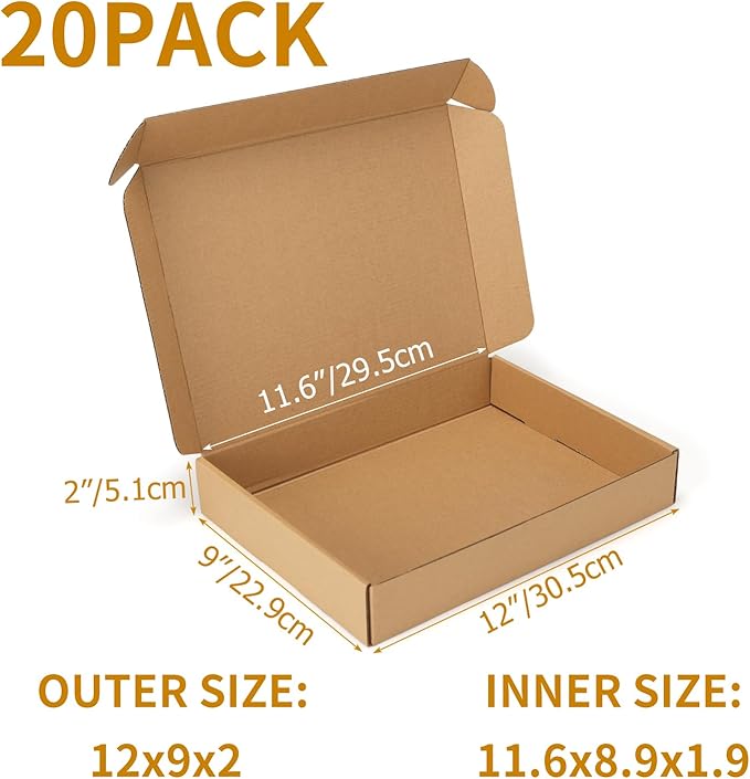 PHAREGE 12x9x2 Inch Shipping Boxes 20 Pack Brown, Tab Lock Tuck Top Mailer Boxes for Packaging Small Business, Cardboard Gift Boxes for Wrapping Mailing Present
