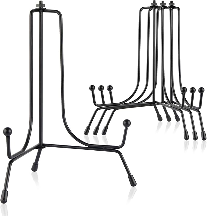 Mocoosy 4 Pack Improved Anti-Slip Plate Stands for Display, 6 Inch Plate Holder Display Stand, Picture Frame Holder Stand, Black Iron Easel Stands for Photo, Decorative Plate and Tabletop Arts