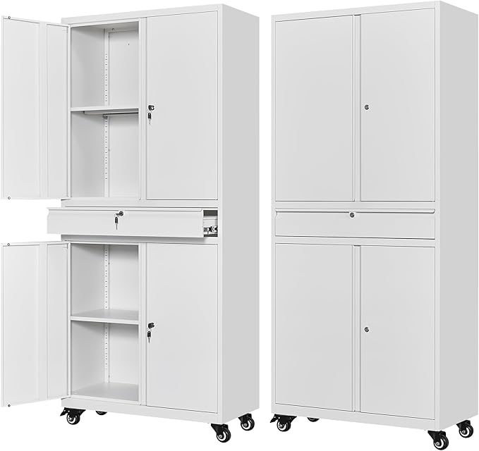 Letaya Metal Garage Storage Cabinet with Wheels,72“ Rolling Tool Cabinet with 4 Door Lock-Adjustable Shelves and Drawer for Garage Home Office Utility Room (White with Wheels)