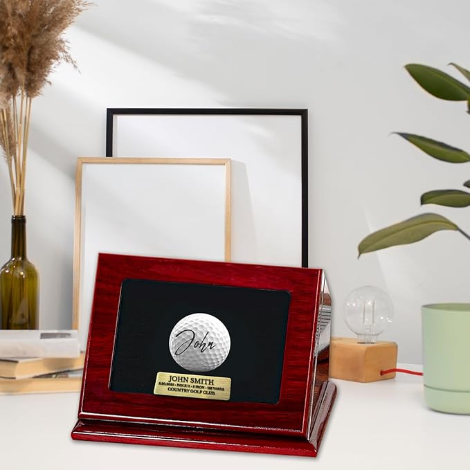Custom Golf Ball Display Case for Hole-in-One Balls - Premium Walnut Wood Memorabilia Box with Engraved Metal Plate, UV Protection & Single Ball Holder for Dad, Husband