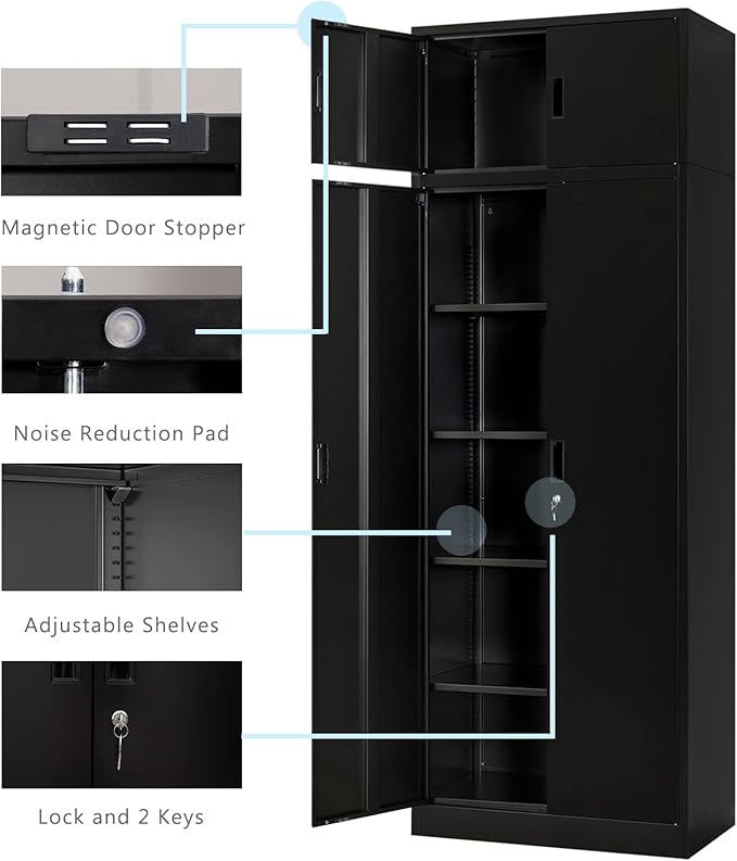 BESFUR Metal Storage Cabinet 87" H,Tall Locking Storage Cabinets with Top Cabinet and 4 Adjustable Shelves for Home Office, Garage,School, Apartment, Warehouse, Utility Room，Black