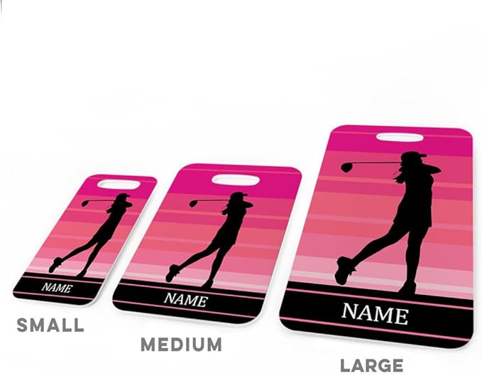 ChalkTalkSPORTS Golf Luggage & Bag Tag | Personalized Female Golfer | Standard Lines on Back | Large | Pink