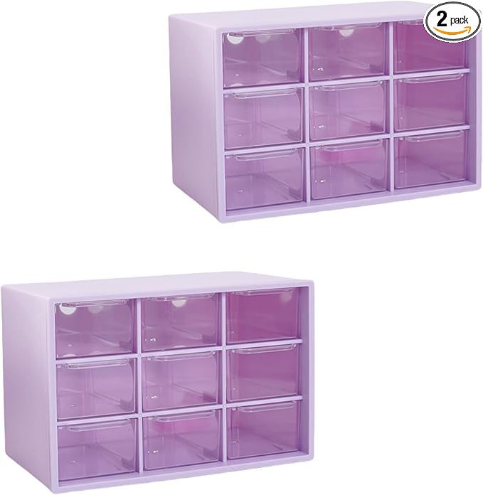 Feadily 2PCS Small Drawer Organizer for Desk, Desktop Drawer Organizer with 9 Clear Drawers, Plastic Desktop Storage Drawers 7.1 Inch x 3 .9 Inch x 4.7 Inch, Purple