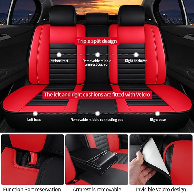 Leather Car Seat Covers for Volkswagen Golf Alltrack 2017-2019,Car Seat Covers Full Set,Seat Covers with Safety,Waterproof Seat Cover Compatible Airbag(5pcs Black&Red Bars Standard)