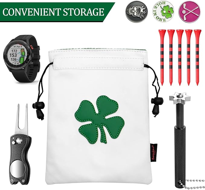 Golf Valuables Pouch,Golf Bag Pouch with Drawstrings Leather Tee Pouchs Bag for Men Women