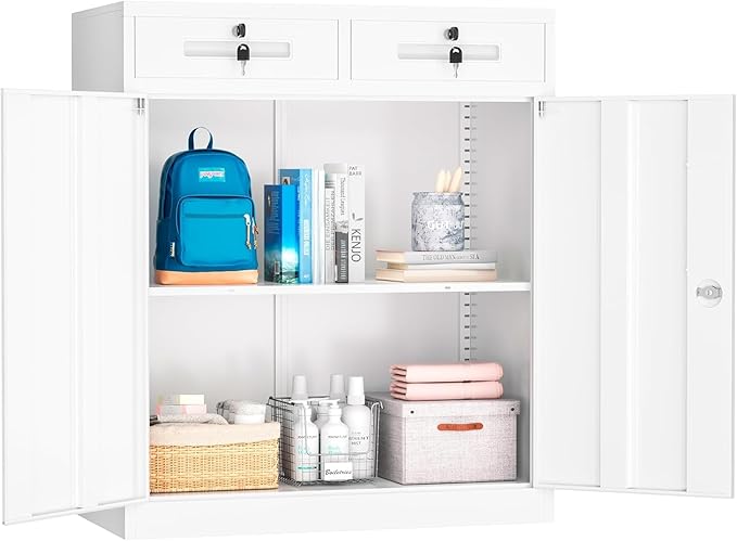 INTERGREAT Metal Garage Storage Cabinet, 36" Locking Counter Cabinet with 2 Locking Doors and 2 Adjustable Shelves, Small Steel Cabinet for for Home Office, Gym, School(White)