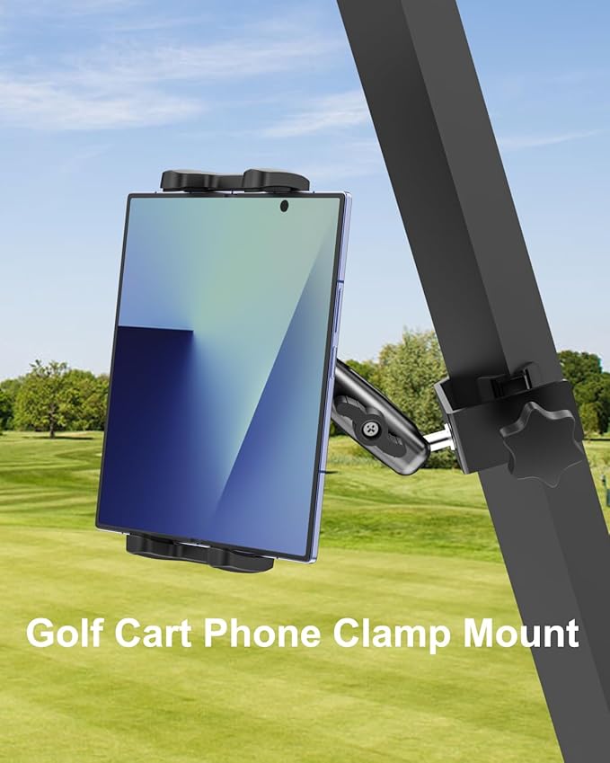 Z Fold Golf Cart Mount, [Metal Square Clip] Golf Cart Tablet Phone Holder, 360° Swivel Tablet Phone Clamp for EZGO/Club Car/Yamaha, Fits Galaxy Z Fold 7 6 5 4 3 2, Pixel Fold, 4-13" Device