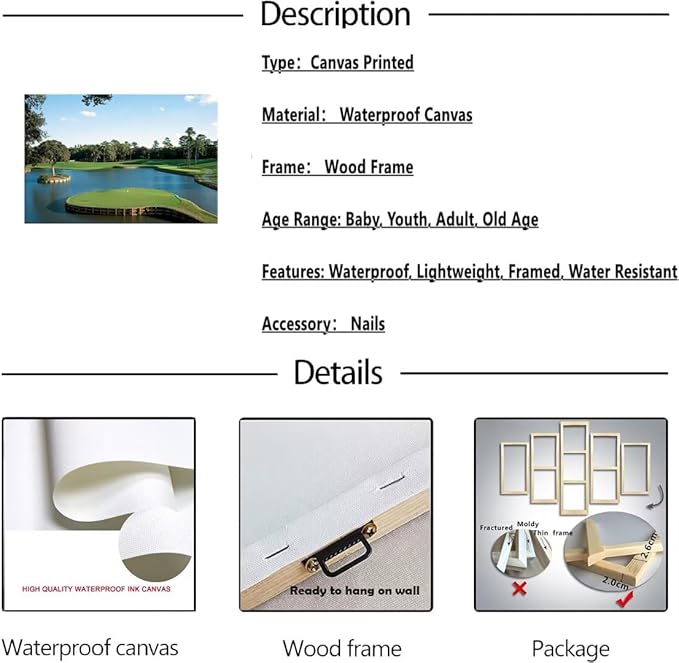 chenchenArt USA Golf Course Wall Art TPC Sawgrass Golf Course Pictures Canvas Prints Golf Wall Decor for Living Room Bedroom Bathroom Home Decorations Framed Ready to Hang(24''H x 36''W)