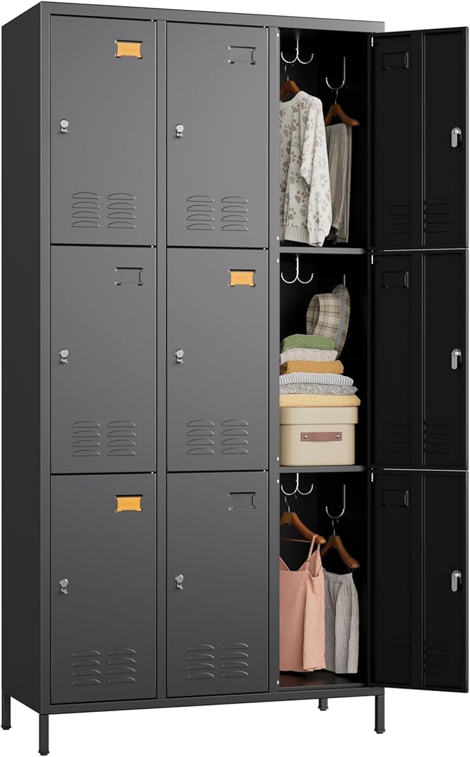 METAN Metal Locker for School Office Gym Bedroom,9 Doors Black Steel Storage Locker Cabinet for Employees, Industrial Storage Locker, Assembly Required (9 Door-Black)
