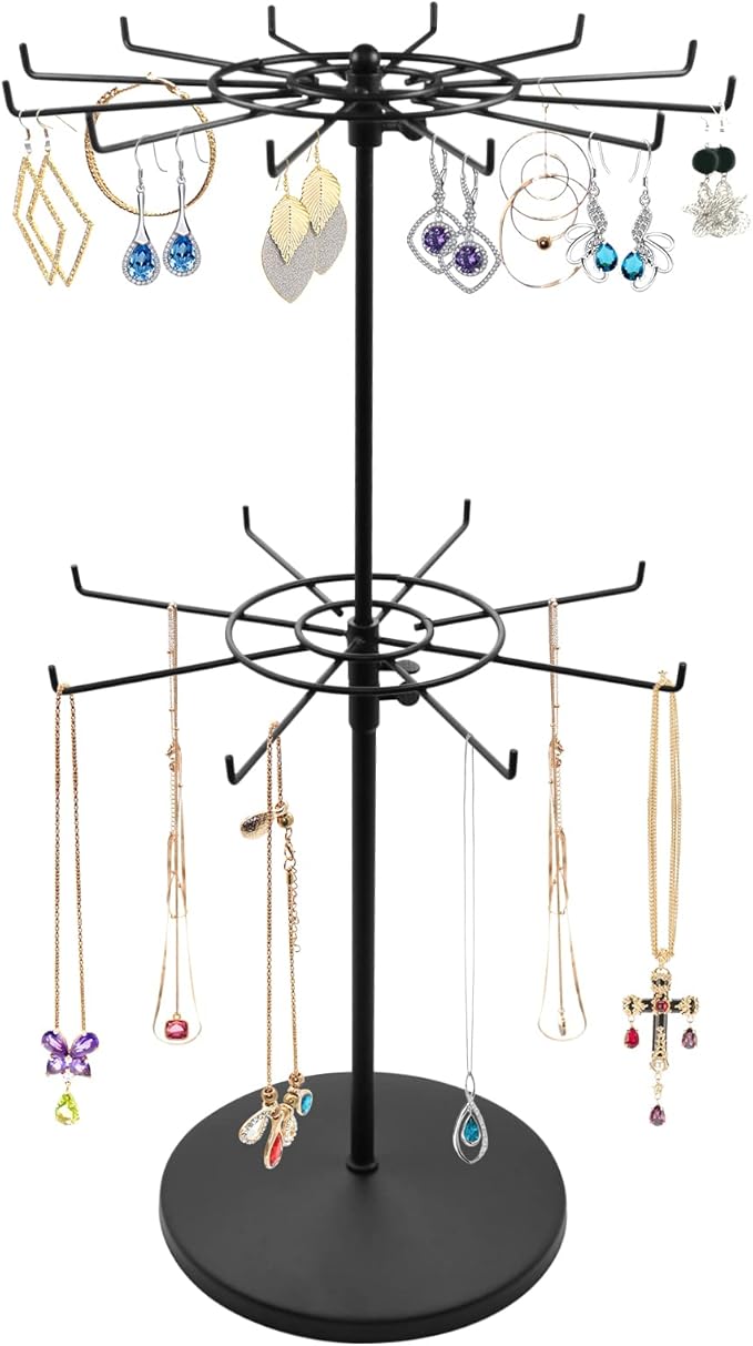Dual Adjustable (Total Height & Tier Heighs) CounterTop Spinner Display Stand, Heavy Duty 2-Tiers, Black