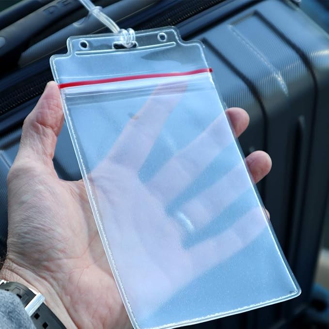2 Pack - Extra Large Luggage Tags - Clear 4x6 Heavy Duty Cruise Ship I'd Tag/Golf Bag Travel Document Holder w 9" Plastic Loop - Waterproof Immunization Card Zip Pouch for Backpack by Specialist ID