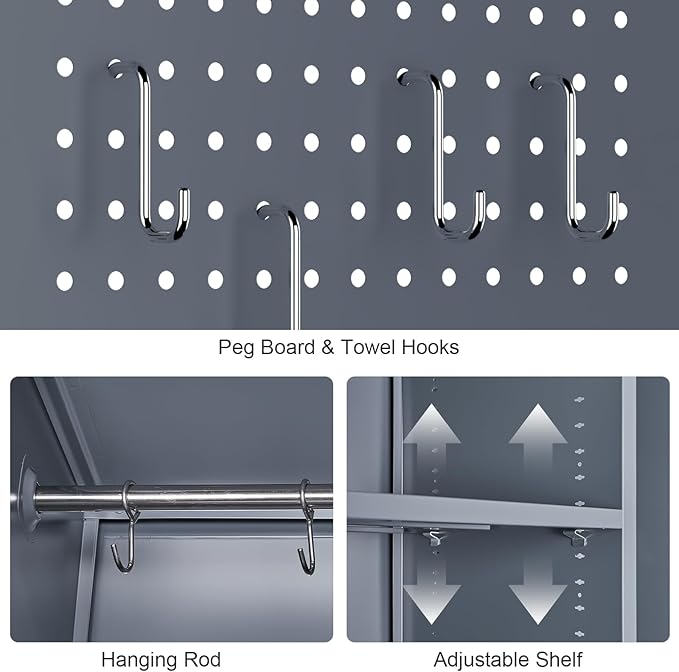 GREATMEET 72.8" H Utility Closet, Broom Closet Storage Cabinet with Adjustable Shelves and Pegboard, Utility Cabinet for Brooms and Mops, Grey