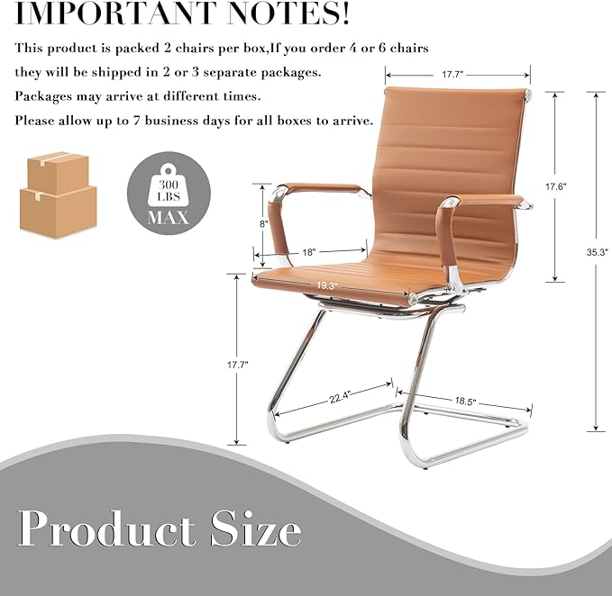 CIMOTA Waiting Room Chairs Leather Office Guest Chair Mid Back Reception Chairs with Sled Base for Meeting/Patient/Conference Room, Brownish Yellow Set of 2