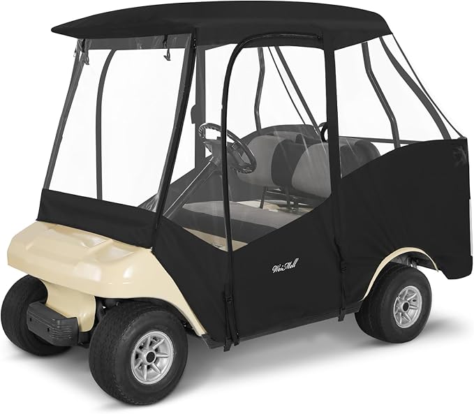Golf Cart Enclosure 4 Passenger for Club Car DS 4-Seater 2+2 Short Roof Winter Waterproof Windproof Driving Rain Cover with 4-Sided Clear Windows Mirror Zipper Roll-up Door Black