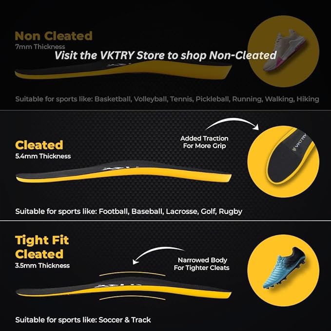 VKTRY Gold for Cleated Shoes - Carbon Fiber Performance Insoles Customized Athletic Inserts for Football, Baseball, Soccer, Golf, Lax & More | Run Fast, Jump High, US M14-14.5, W16-16.5, >220lb
