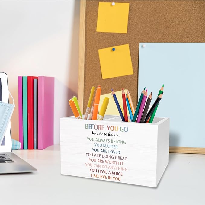 Boho Classroom Decor Pen Holder for Desk, Inspirational Pencil Organizer, Before You Go Be Sure to Know Positive Wooden Box Sign Desk Decor for Classroom Kids Room Decoration