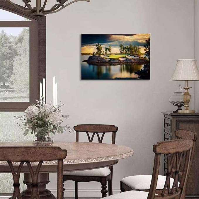 chenchenArt Sunset Landscape Golf Course Wall Art Picture Golf Course Wall Decor for Living Room Bedroom Bathroom Home Decorations Canvas Prints Framed Ready to Hang(28''H x 44''W)