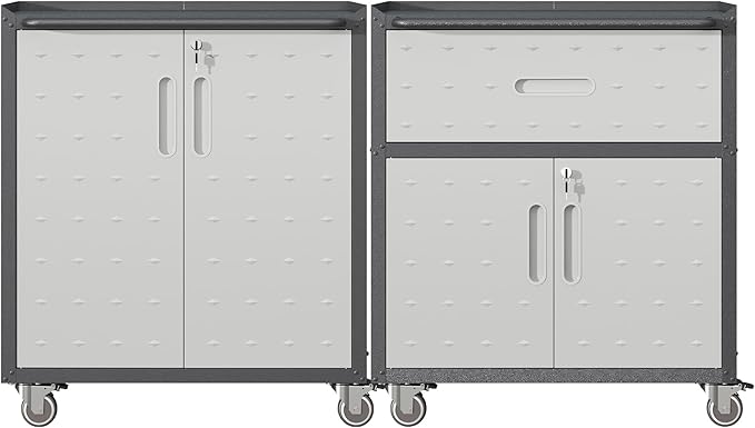 Metal Tool Cabinet,Garage Storage Cabinet System,Wall Cabinet & Locking Rolling Tool Cabinet with Doors and Adjustable Shelves,Steel Tool Cabinets for Home (2 Pcs-StyleB, Black & Grey)
