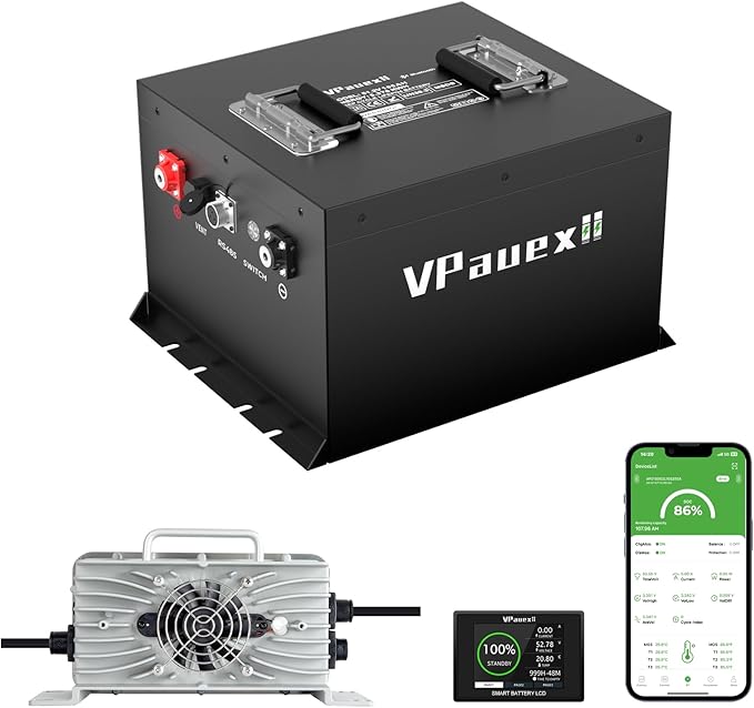 48V 105Ah Mini Lithium Golf Cart Battery,48V Golf Cart Batteries with 22A Lithium Charger,Built-in 200A BMS,Metal Casing,Supports Mobile APP,Touch Monitor,6000+ Cycles,Peak Current 600A