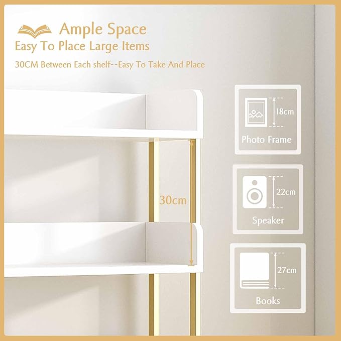Wide Open Shelf Bookcase - Modern 3-Tier Floor Standing Display Bookshelf with Three-Side Panels for Home and Office, Storage Shelving in Warm White with Gold Frame