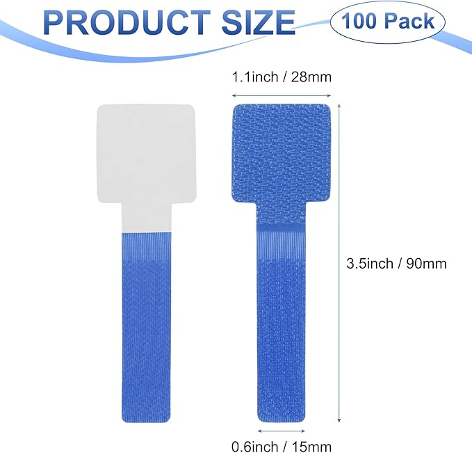 100-Pack Hook and Loop Cable Ties, 3.5 x 1.1 Inch Adjustable Self-Adhesive Cord Organizer for Desk/Home/Wall/Office Essentials, Cable Management Under Desk [Blue]