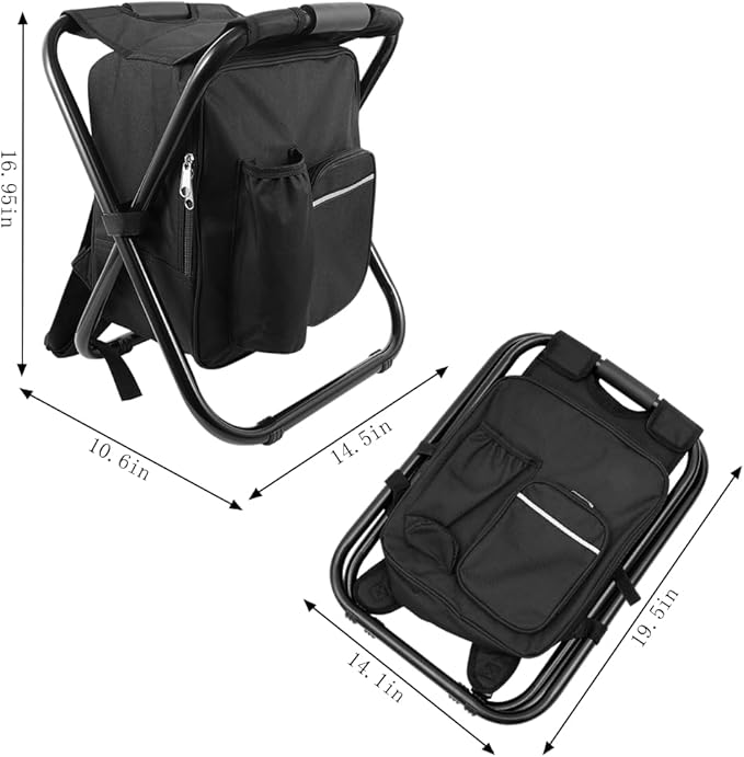 Portable Folding Backpack Stool with Cooler Compartment, Black